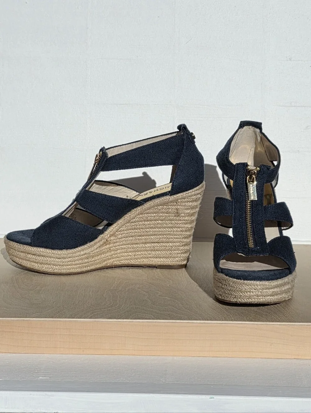 Michael Kors Size 7.5 Navy Fabric Espadrille Wedge Sandals
